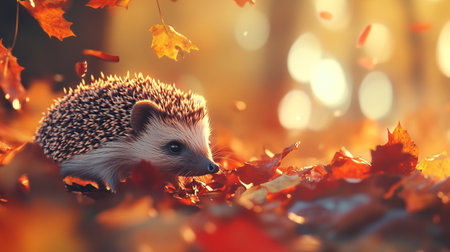 Hedgehog in autumn forest with fallen leaves and bokehの写真素材