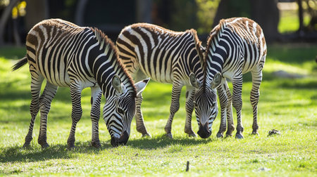 Group of zebras grazing in the green grass at the zooの写真素材