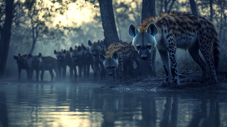Hyena and hyena family at the waterhole in the morningの写真素材