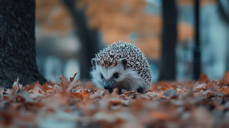 Hedgehog in the autumn forest. Wild, native, European hedgehog. (Scientific name: Erinaceus Europaeus)の写真素材