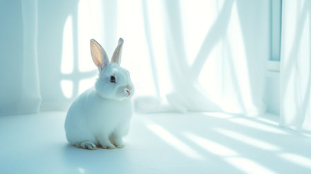Cute white rabbit on white background. Easter concept. Soft focus.の写真素材