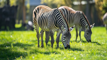 Zebras in the green grass of the meadow in the sunの写真素材