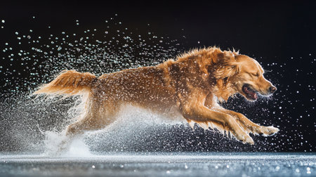 Golden retriever dog jumping in water. Studio shot on black background.の写真素材