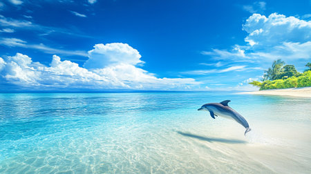 Dolphin jumping on a tropical beach in Seychelles.の写真素材