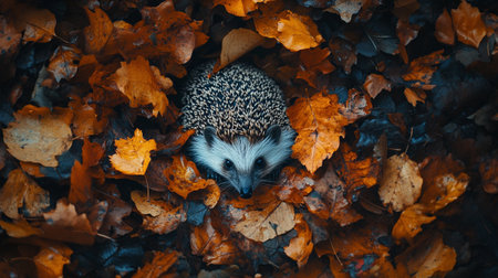 Hedgehog in autumn leaves. Wild hedgehog in the forest.の写真素材
