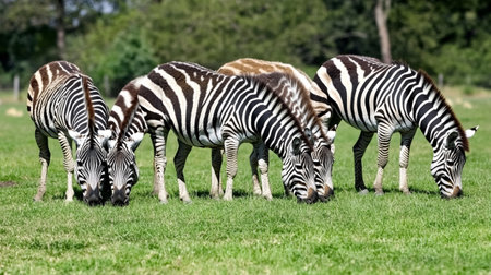 group of zebras on a green meadowの写真素材