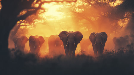 Elephants in the savannah at sunset, Kruger National Park, South Africaの写真素材