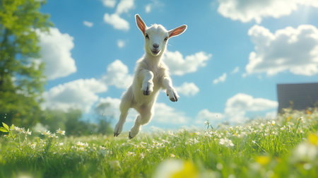 Cute little goat jumping on green meadow with flowers and blue skyの写真素材
