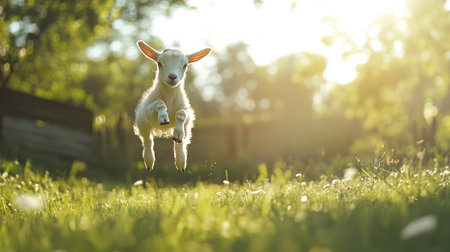 Little baby goat running on the green grass in the sunset light.の写真素材
