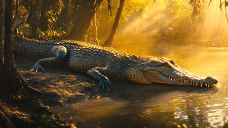Crocodile in the river at sunset. Crocodile in the nature.の写真素材