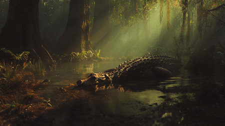 Crocodile in the dark forest with sun rays and fogの写真素材