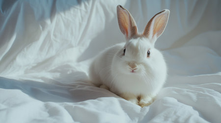 Cute white rabbit on the bed in the morning. Easter concept.の写真素材