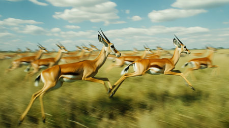 Impala running in the savanna of Etosha National Park, Namibiaの写真素材