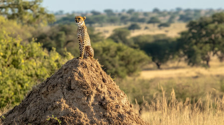 Cheetah sits on termite mound in Serengeti National Park, Tanzaniaの写真素材