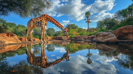 Giraffe reflected in the water with palm trees in the backgroundの写真素材