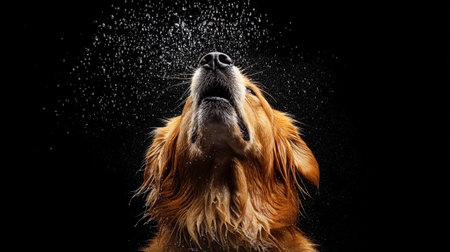 Golden retriever dog with splashes of water isolated on black backgroundの写真素材