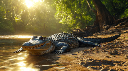 Crocodile in the jungle at sunset. 3d renderingの写真素材