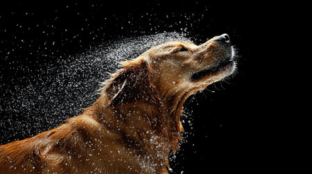 Cute golden retriever dog in spray of water on black backgroundの写真素材