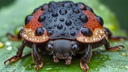 Close up of a ladybug on a green leaf with water dropsの写真素材