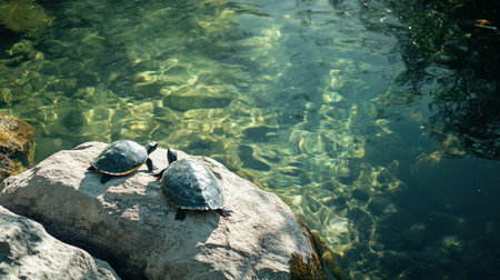 Turtles on the rocks in the water. Selective focus.の写真素材