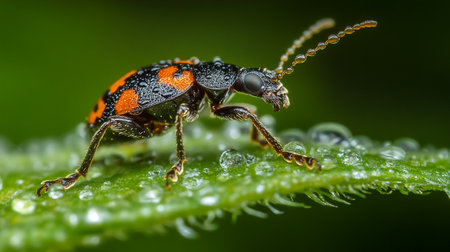 Macro shot of a black and orange beetle on a green leafの写真素材