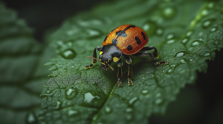 Ladybug on a green leaf in the rain. Macro shot.の写真素材