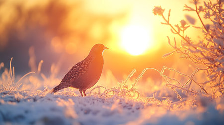 Beautiful winter landscape with a bird on a frosty meadowの写真素材