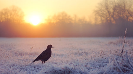 Silhouette of a bird on a frosty field at sunriseの写真素材