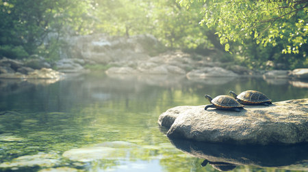 Two turtles basking in the sun on a rock by the riverの写真素材