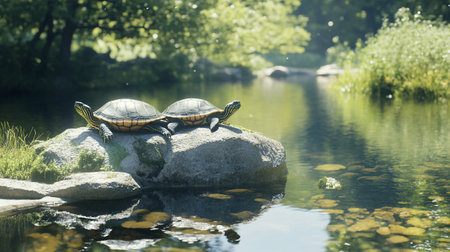Turtles on a rock in a pond in the summer sun.の写真素材