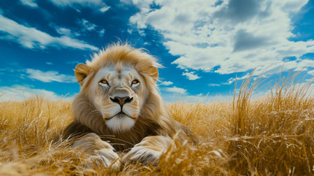 Lion lying in golden grass and blue sky with white clouds.の写真素材