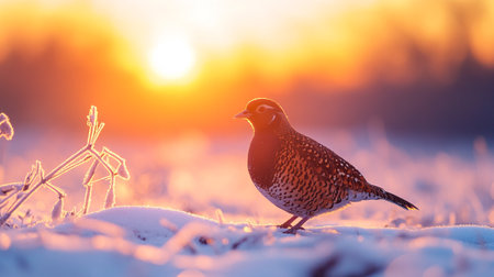 Red-necked Quail on a snowy field at sunsetの写真素材