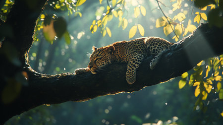 Leopard lying on a tree in the jungle. Wildlife scene from nature.の写真素材