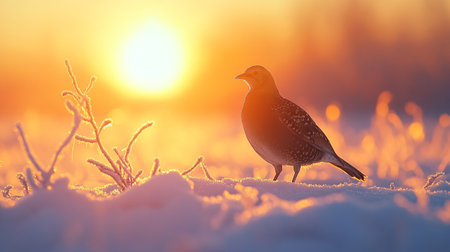 Sunset in the winter forest. A bird in the snow.の写真素材