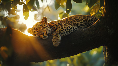 Leopard sleeping on a tree branch in the forest at sunset.の写真素材