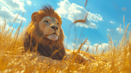 Lion lying in the golden grass on the background of the blue skyの写真素材