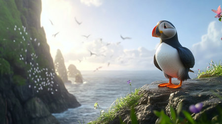 Puffin standing on a rock and looking at the sea.の写真素材