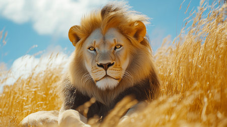 Lion in the golden grass of Masai Mara National Park, Kenyaの写真素材