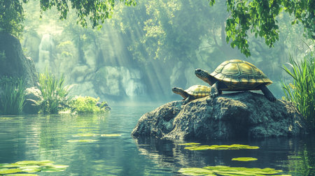 Turtles in the pond with sunbeams coming out of the waterの写真素材