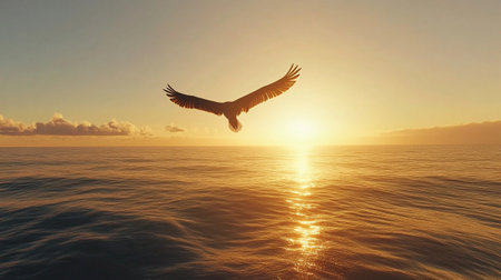 Seagull flying over the sea at sunset. 3d renderの写真素材