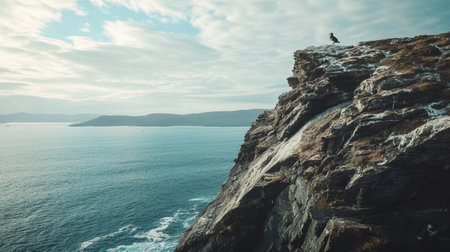 Crow sitting on a rock above the sea. Nature composition.の写真素材