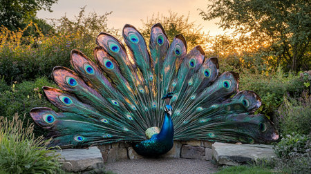 Peacock with colorful feathers in the park at sunset time.の写真素材