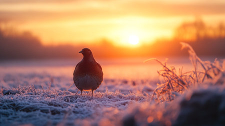 Pheasant on a frosty meadow at sunrise in winterの写真素材