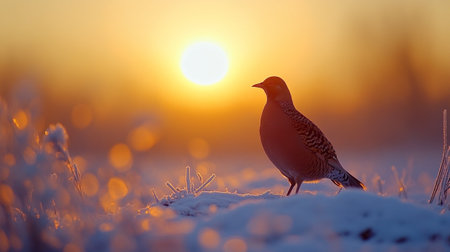 Silhouette of a common pheasant at sunrise in winterの写真素材