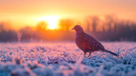 Pheasant on a frosty field at sunrise in winter.の写真素材