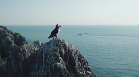 Cormorant sitting on a rock in front of the seaの素材