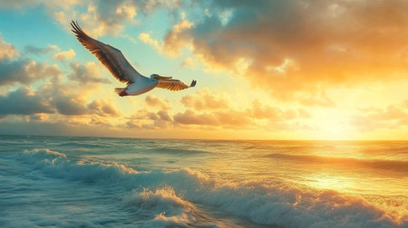 Seagull flying over the sea at sunset. 3d renderの写真素材