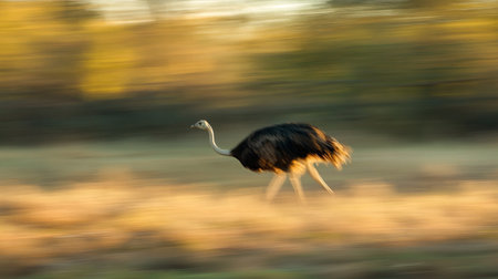 Ostrich in motion in the wild. Motion blur effect.の写真素材
