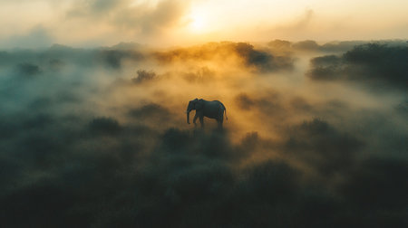 Aerial view of a wild elephant in the morning mist. Beautiful landscapeの写真素材