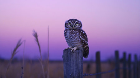 Little owl sitting on a wooden fence in the field at sunset.の写真素材